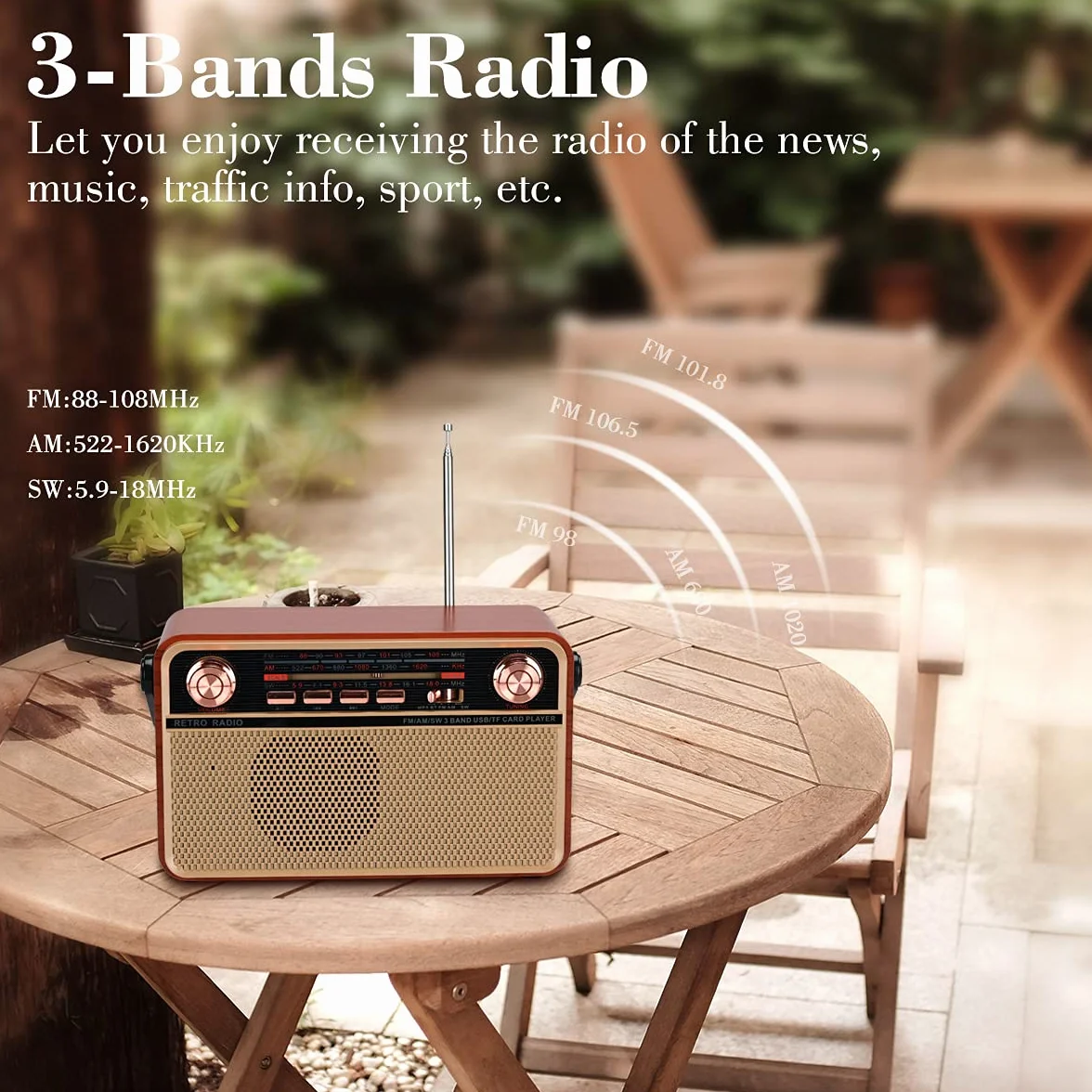 Radio retro AM/SW/FM przenośne Bluetooth USB TF AUX wbudowany głośnik brązowy