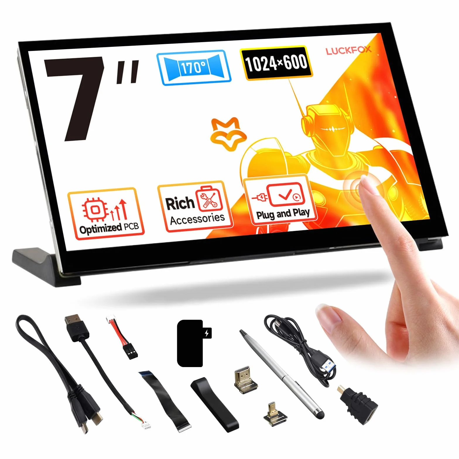 LUCKFOX przenośny ekran dotykowy 7" IPS monitor LCD 1024 x 600 5-punktowy Plug and Play