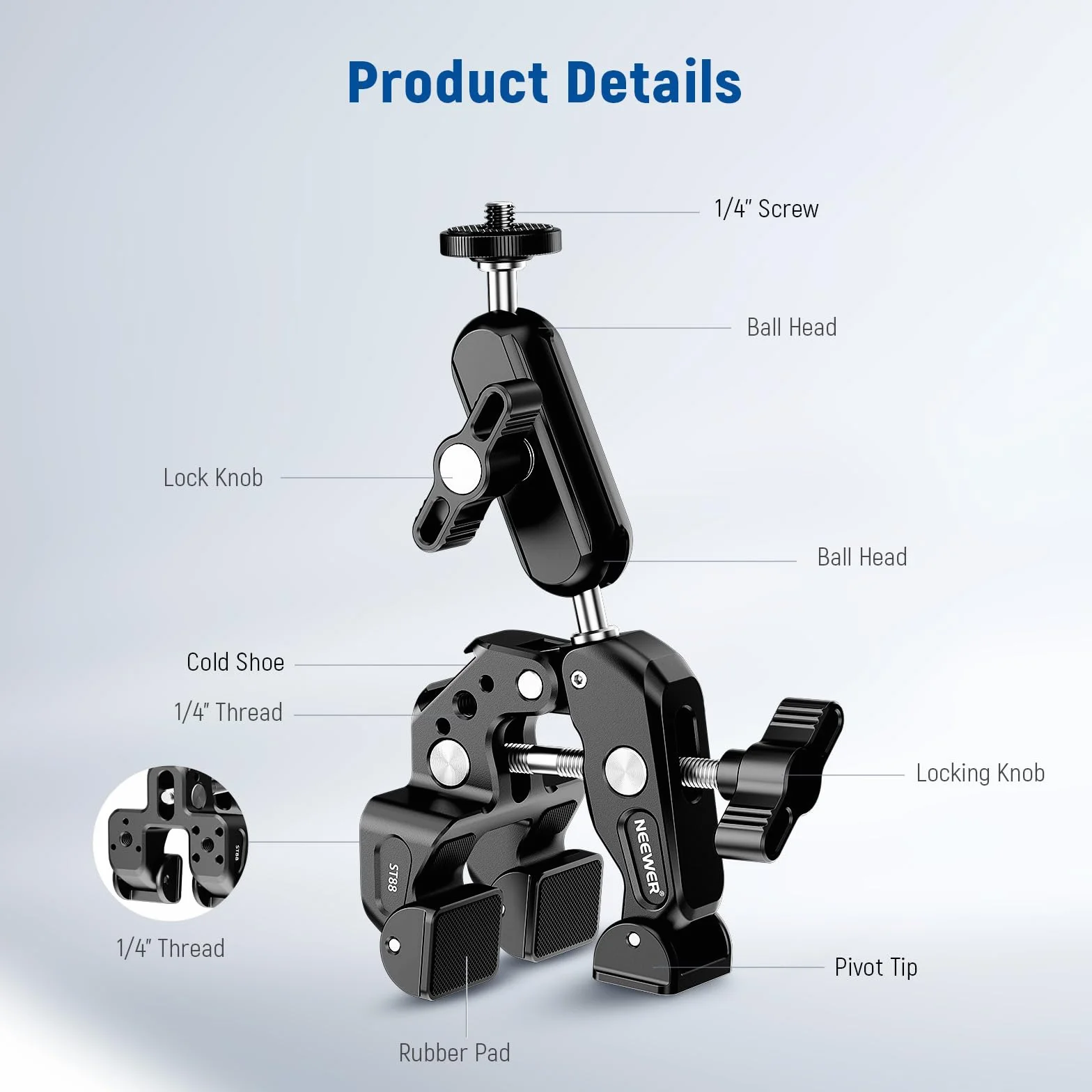 NEEWER Super Clamp+Magic Arm 3" z dwiema głowicami kulowymi, zacisk aparatu/telefonu z gwintem 1/4", ColdShoe, uchwyt na telefon i mocowanie kamery Action Cam kompatybilny z GoPro DJI iPhone 16 15 Pro