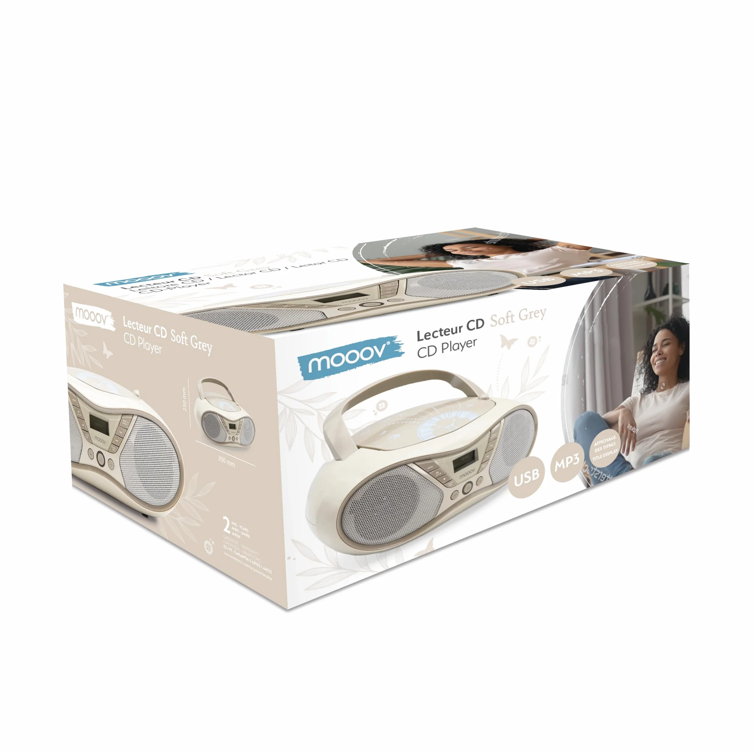 MOOOV Soft Grey przenośny odtwarzacz CD CD-R CD-RW CD-MP3 radio FM port USB dźwięk stereo 6W