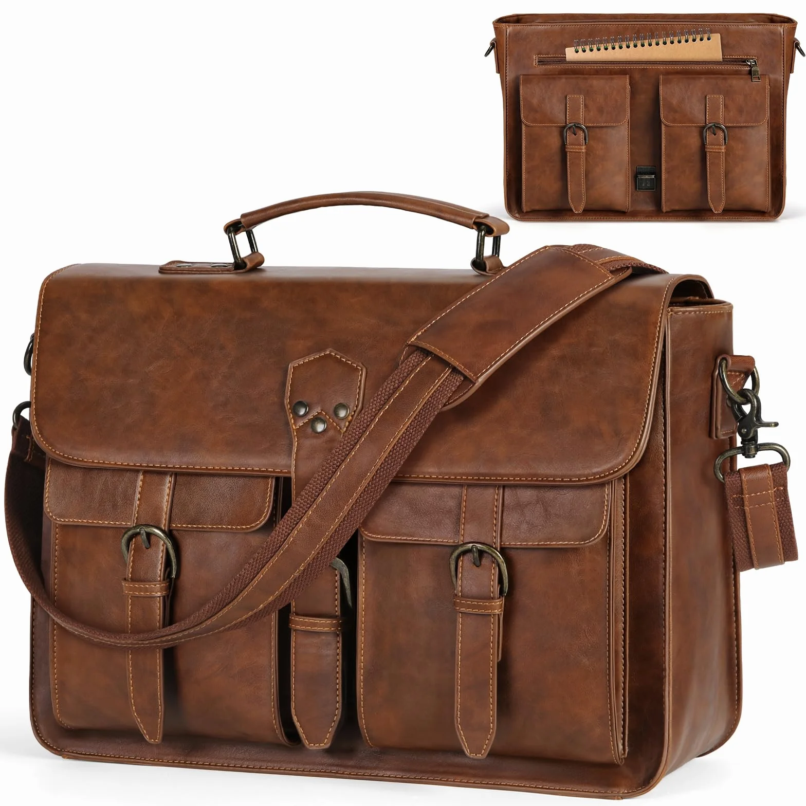 RAINSMORE Torba Listonoszka Skórzana Vintage Torba na Ramię 15.6 cala Torba na Laptopa Torba Kurierska Aktówka Wodoodporna Torby na Laptopy do Pracy Szkoły Uczelnię Podróżna Biznesowej Brązowy