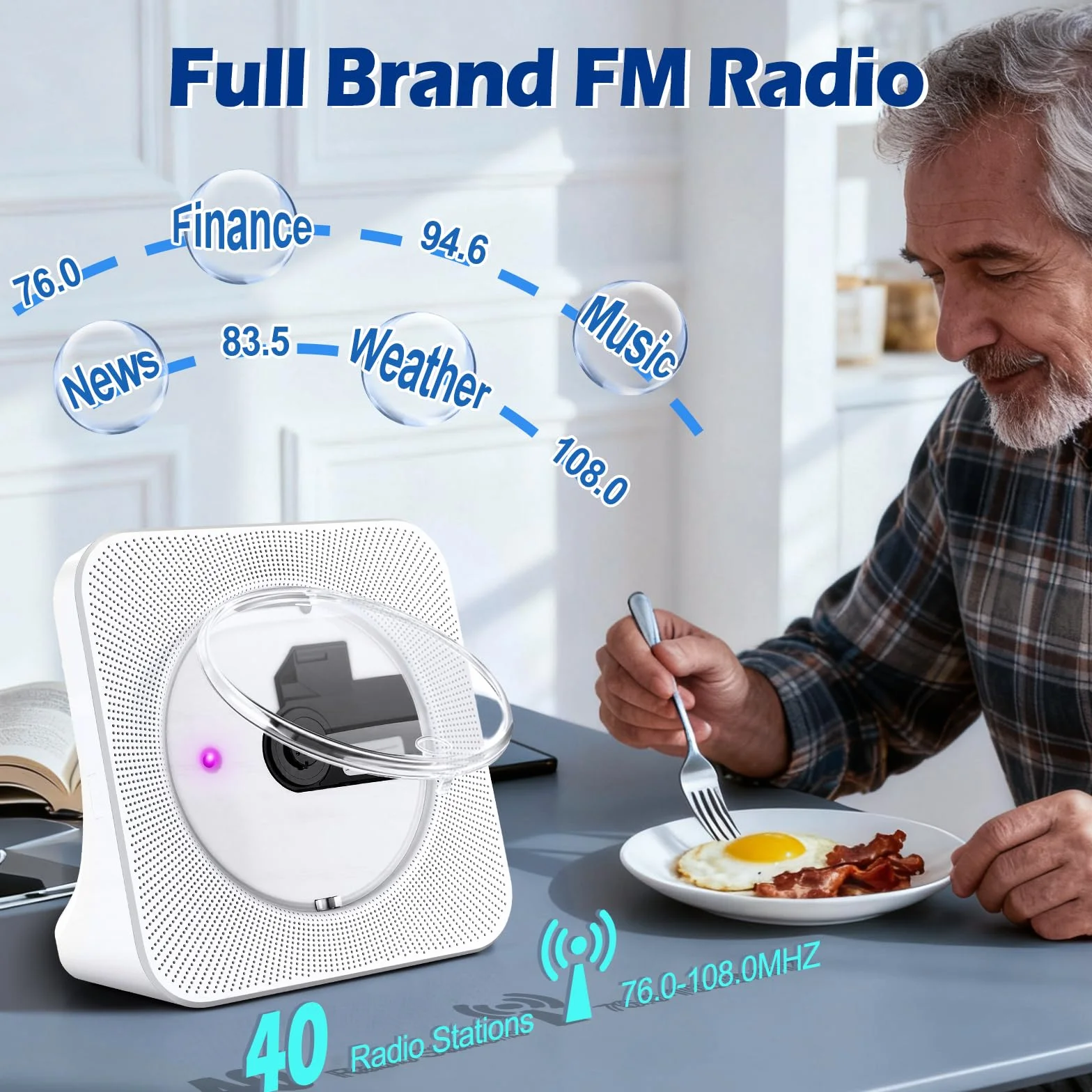Przenośny odtwarzacz CD, Bluetooth, odtwarzacz CD z podwójnym głośnikiem, obsługuje ustawienia timera/radio USB/AUX/FM, połączenie ze słuchawkami Bluetooth lub głośnikami, pilot zdalnego sterowania