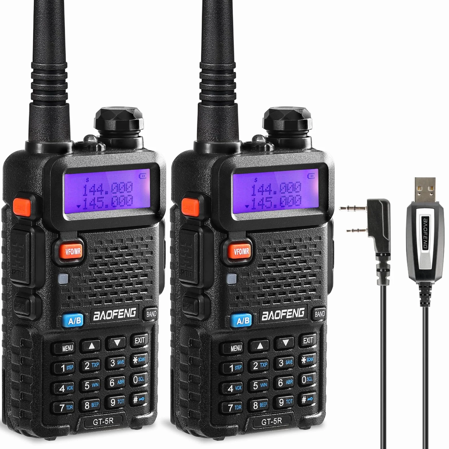 BAOFENG GT-5R Walkie Talkie, Dwuzakresowe Radio dla 144-146/430-440 MHz, Daleki Zasięg ze 128 Kanałami, Bateria 1800 mAh, Słuchawki, Kabel do Programowania na Kemping, Obsługiwany Przez Chirp, 2 szt