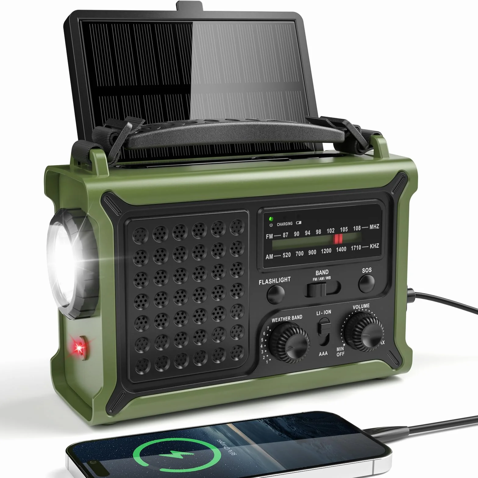 Radio Korbowe AM/FM, solarne i korbowe Radio awaryjne z odbiornikiem światowym, 12000 mAh powerbank, IPX6, alarm SOS, ładowanie telefonu Komórkowego USB/Type-C, Przenośne Radio z paskiem do Noszenia