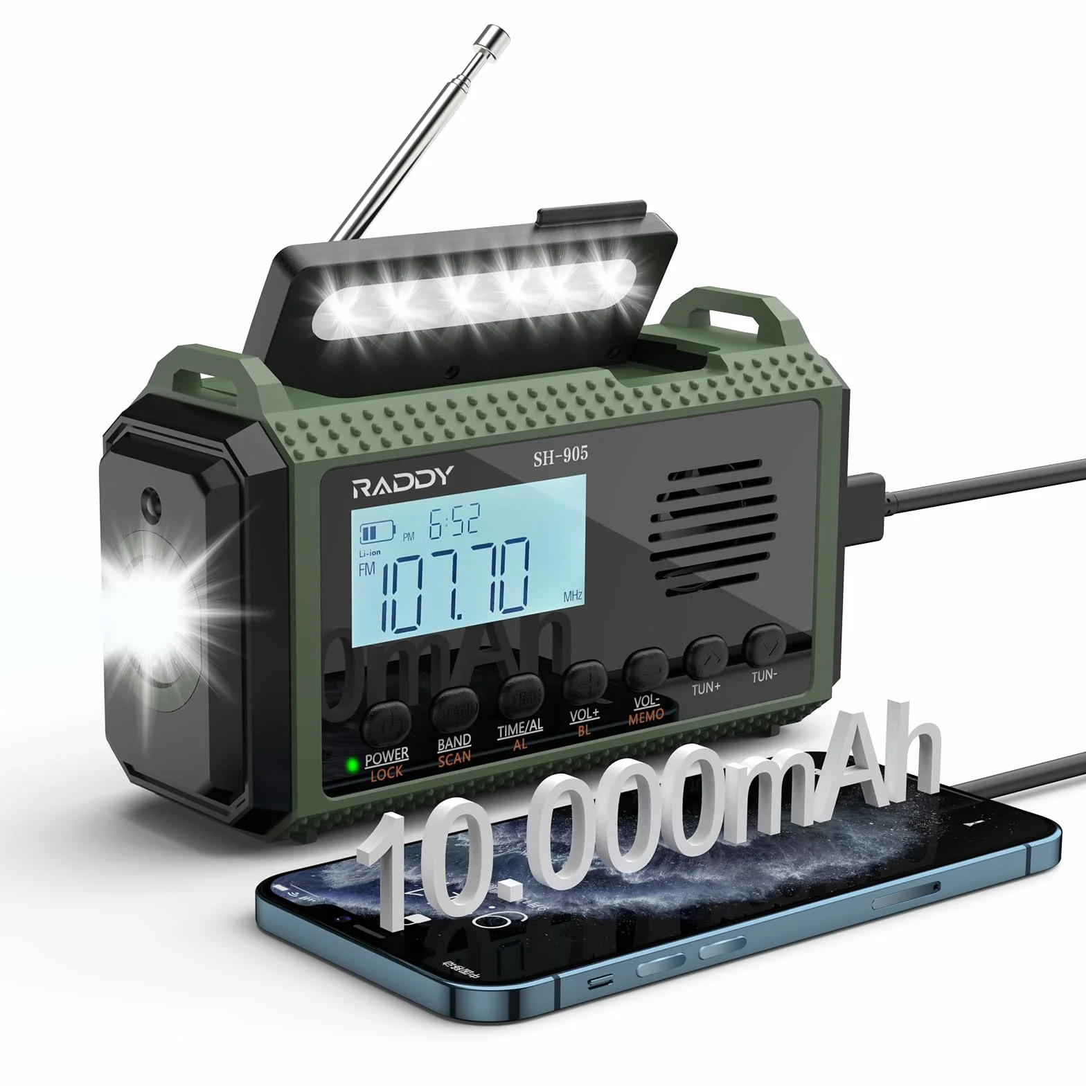 Raddy SH-905 Radio korbowe, pojemność 10000 mAh, SW/AM/FM, solarne radio awaryjne, przenośne, krótkofalowe, z latarką, lampką do czytania, SOS w przypadku awarii zasilania, do survivalu, na kemping