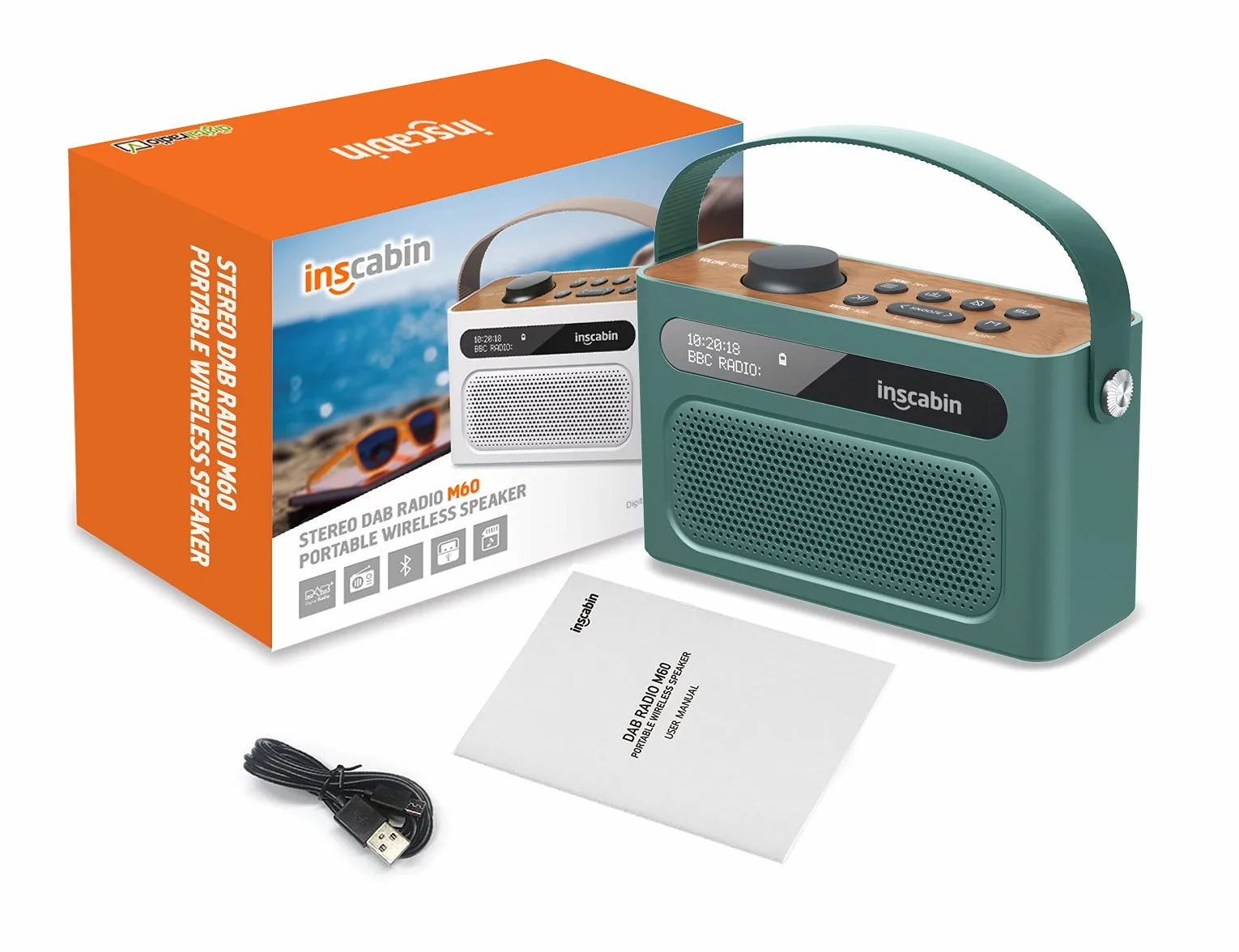M60 Przenośne radio cyfrowe DAB/DAB+ FM/przenośny głośnik bezprzewodowy z Bluetooth / dźwiękiem stereo, dwoma głośnikami, podwójnym budzikiem, akumulatorem, piękny design, zielony