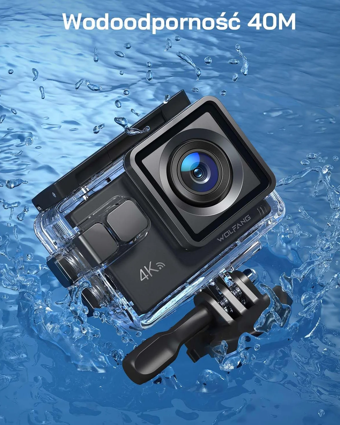 WOLFANG Kamera akcji GA100 4K 30FPS 20MP Kamera podwodna Wodoodporna 40M, kamera wideo WiFi z podwójnym mikrofonem, szeroki kąt 170°, zdalne sterowanie 2.4G, EIS Anti-shake, 2 baterie, różne akcesoria