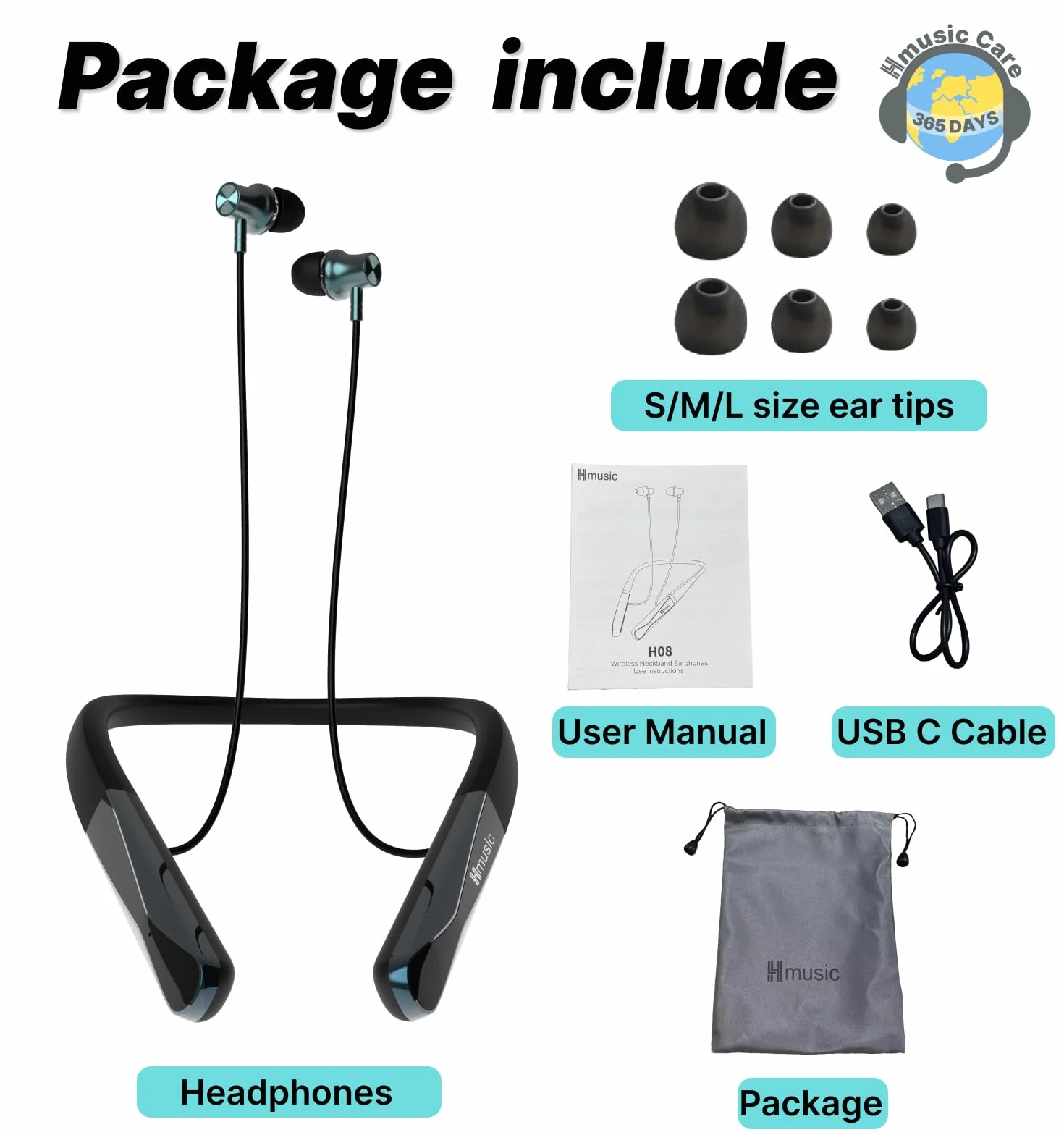 Hmusic H08 Słuchawki Bluetooth 6.0 Bezprzewodowe Mikrofon IPX5 35H
