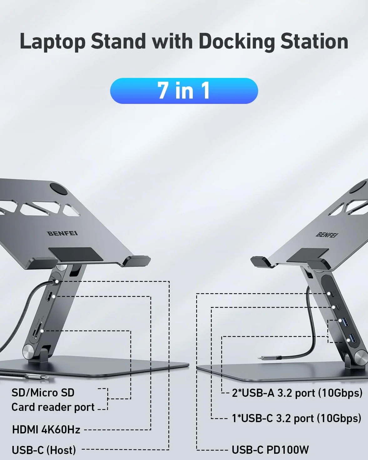 BENFEI Stojak na laptopa ze stacją dokującą USB C 7 w 1 HDMI 4K 60 Hz 100 W Power Delivery 10 Gbps USB-C USB-A 3.2