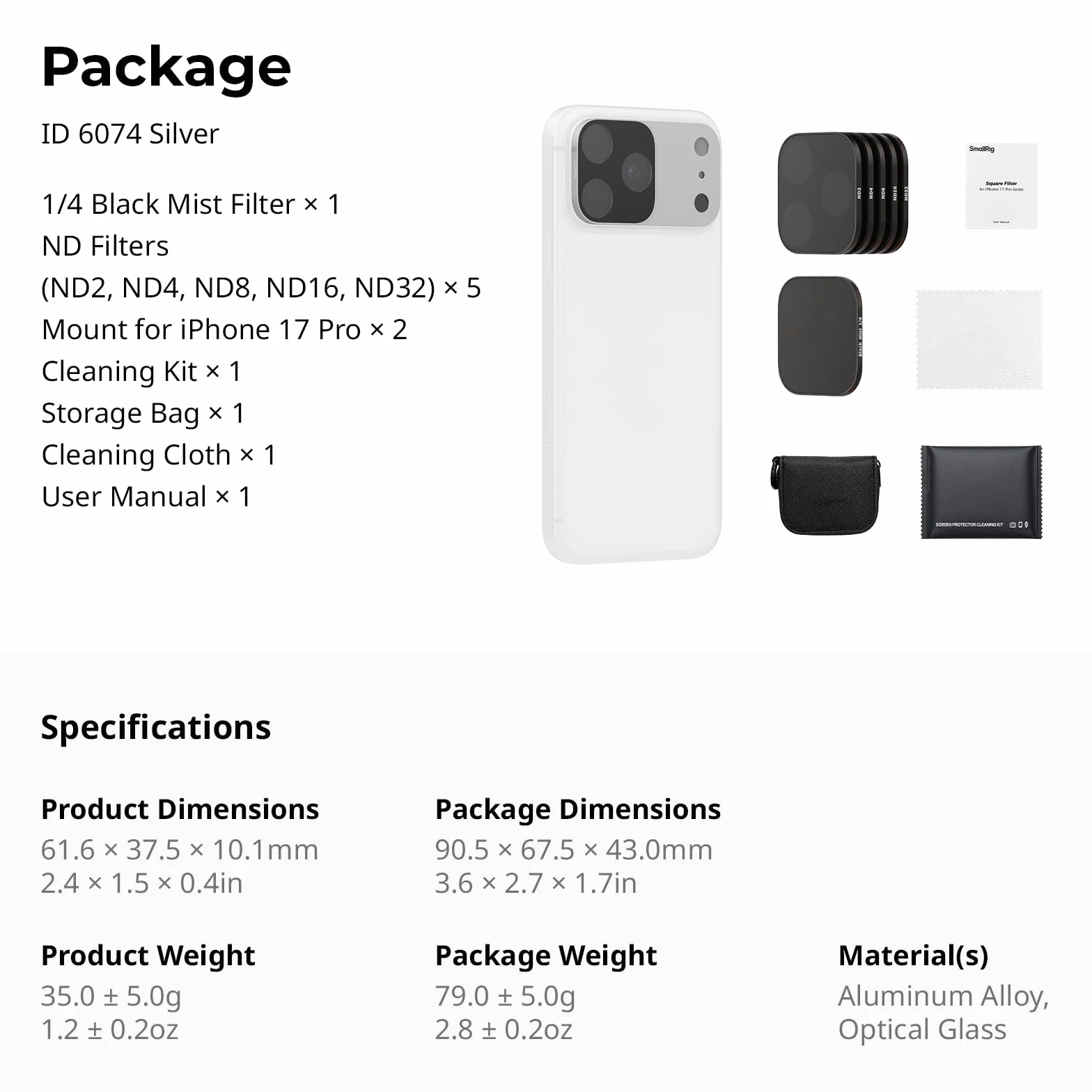 SmallRig Kwadratowy zestaw filtrów ND i czarnej mgły do iPhone'a 17 Pro (srebrny) 6074