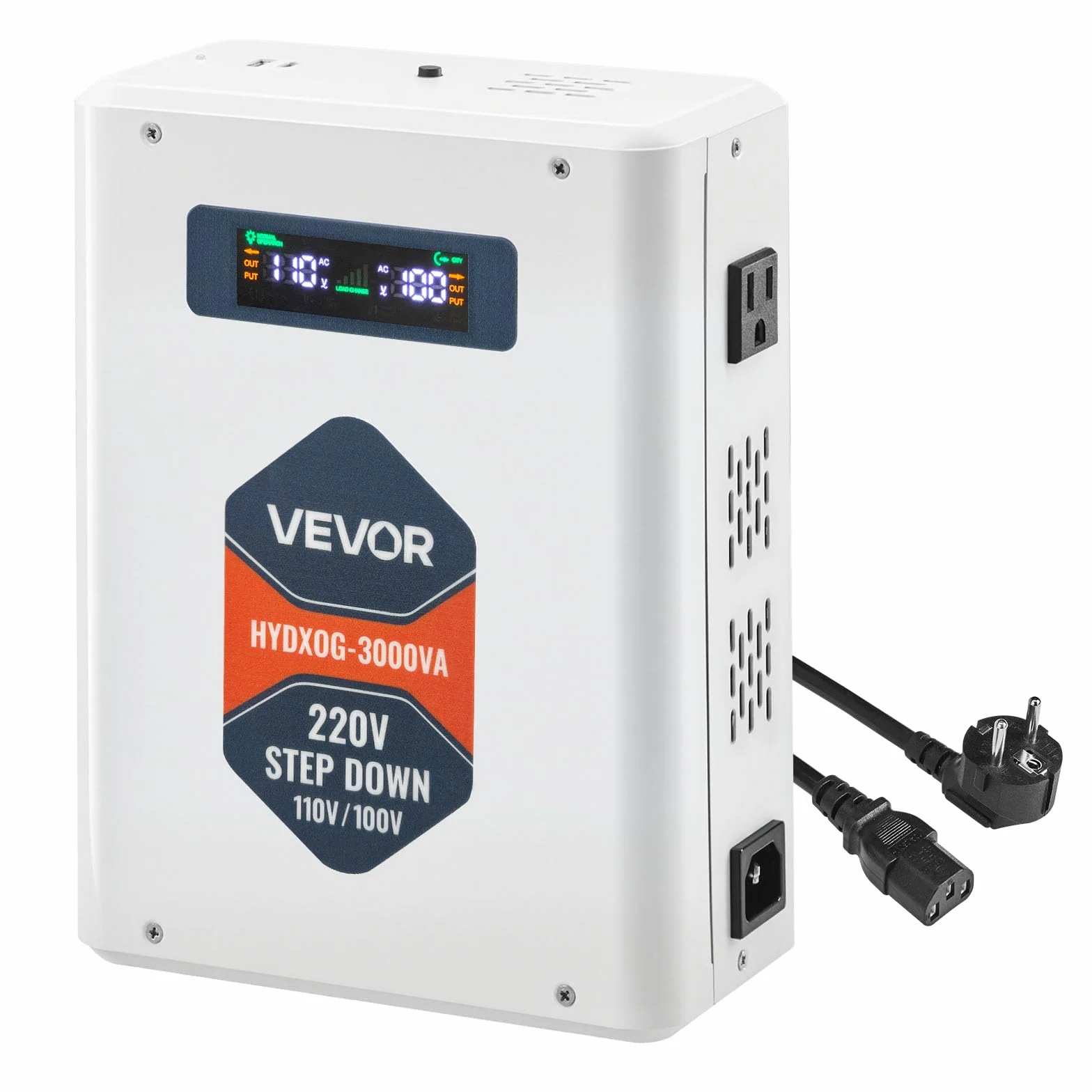 VEVOR Przetwornica napięcia Step-Down 3000 VA, Heavy Duty Transformator mocy 220 V na 110 V z 2 gniazdami USA, wyjściem USB, wyświetlaczem LCD, ochroną temperatury