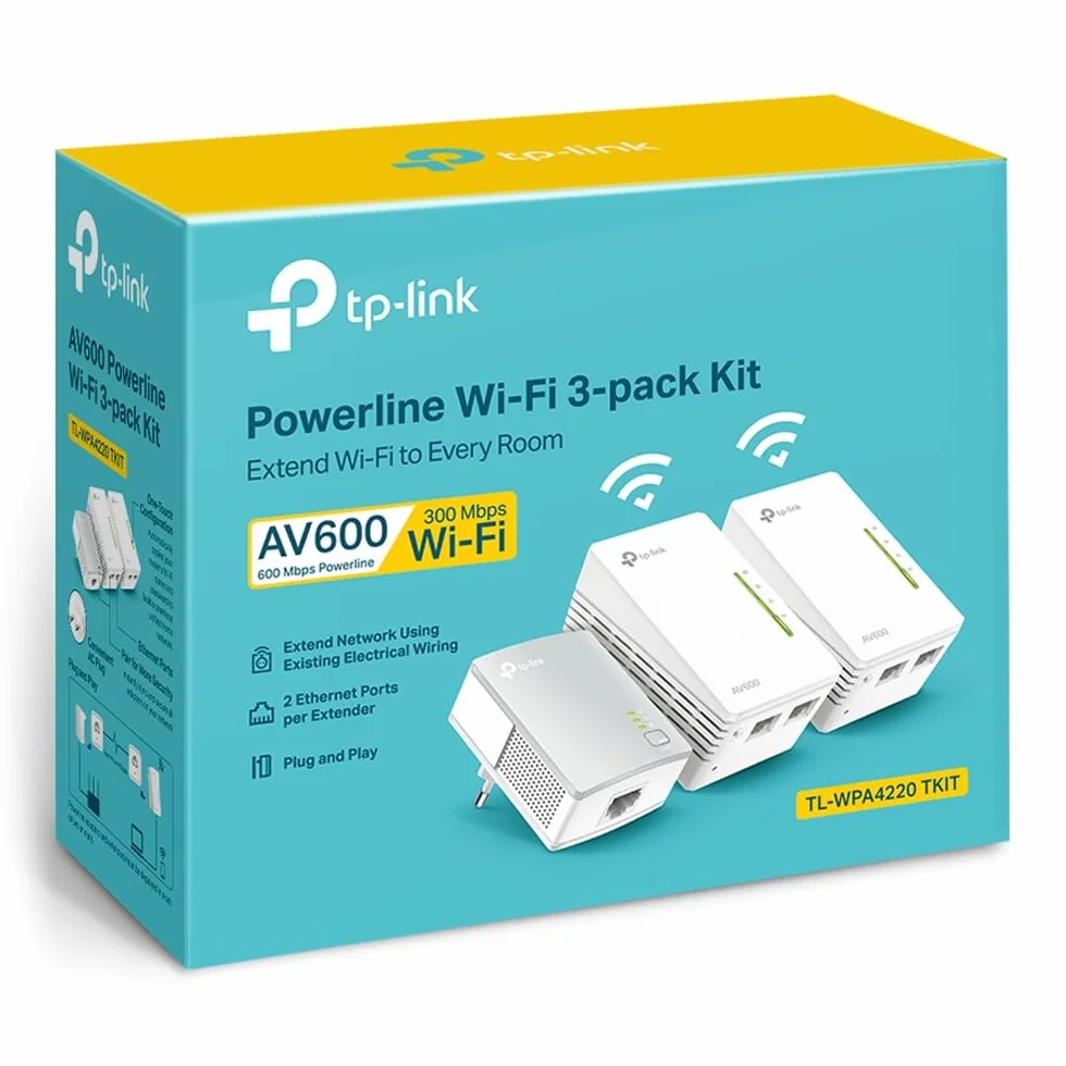 TP-Link TL-WPA4220 TKIT | Zestaw powerline AV600 z WiFi N300 (3 urządzenia) | 2× porty Ethernet | Klonowanie WiFi