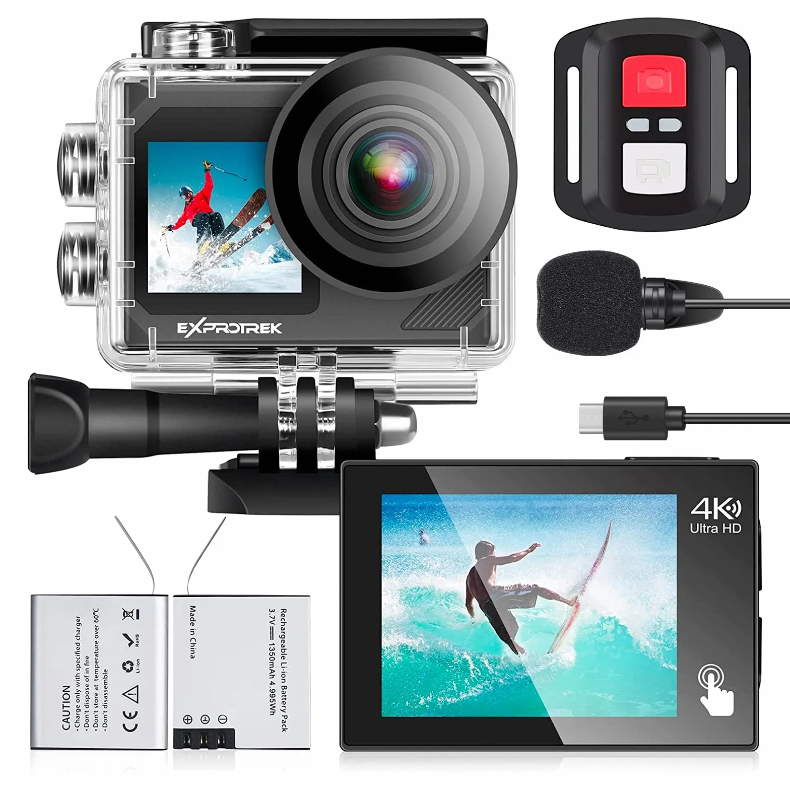 E-A-F Kamera sportowa 4K 30 kl./s Ultra HD wodoszczelna 40 m WiFi 170° pilot 2 akumulatory zestaw akcesoriów