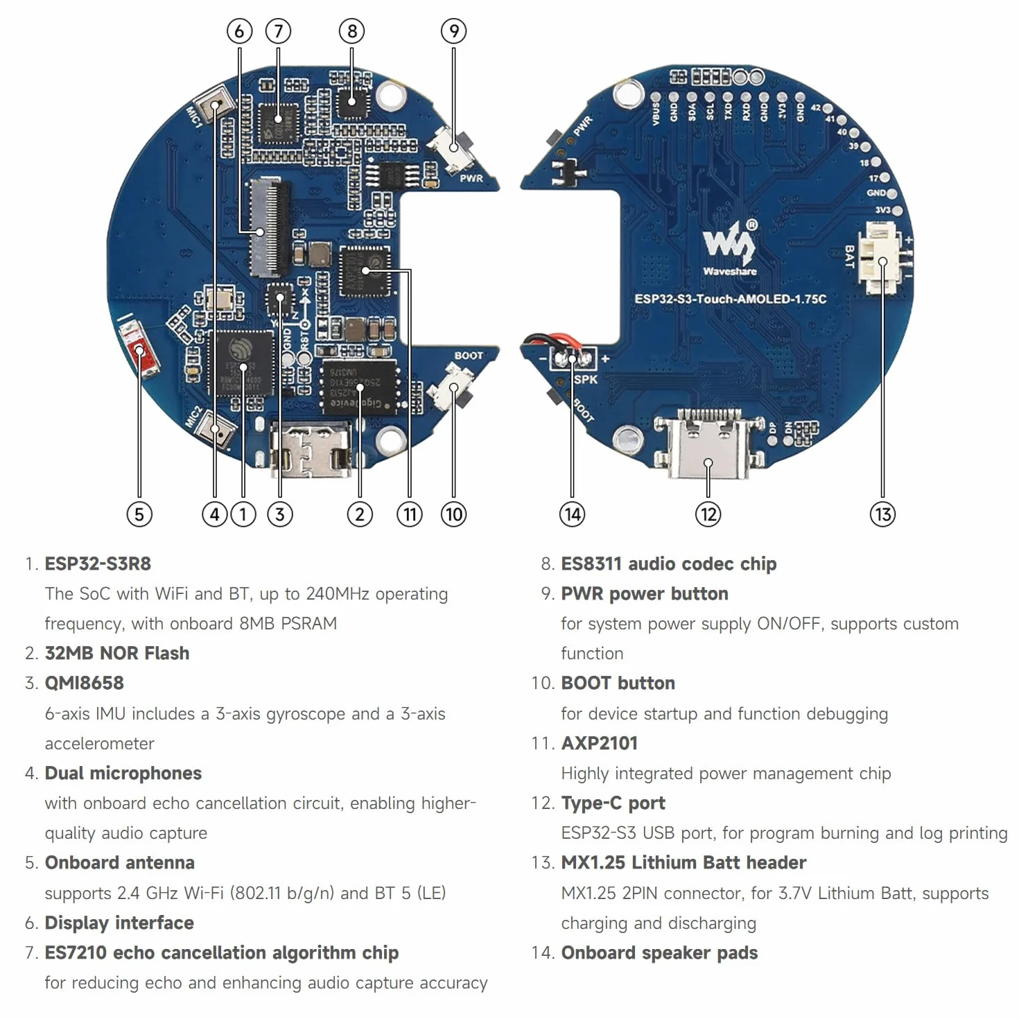 Waveshare ESP32-S3 1.75inch AMOLED Round Touch Display Development Board 466x466 Resolution Aluminum Alloy Case